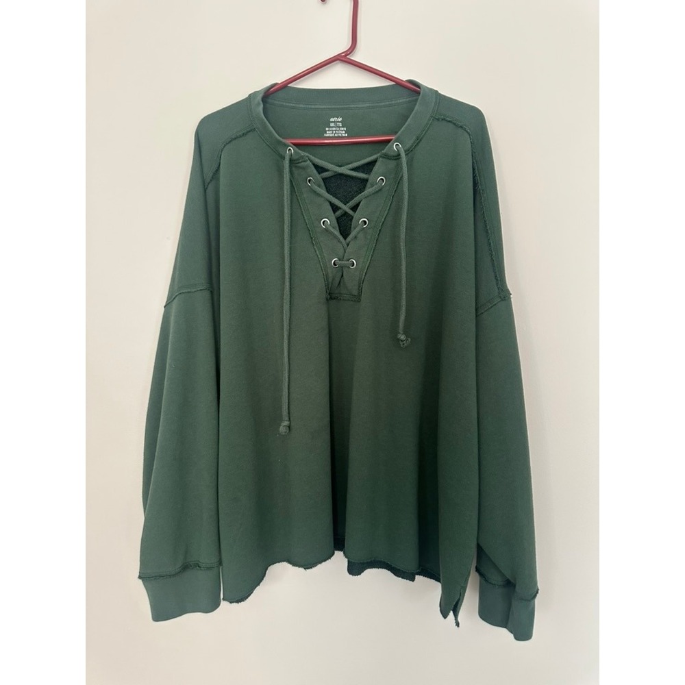 Aerie Womens XXL Forest Green Lace Up Oversized Sweatshirt Pullover Raw Hem